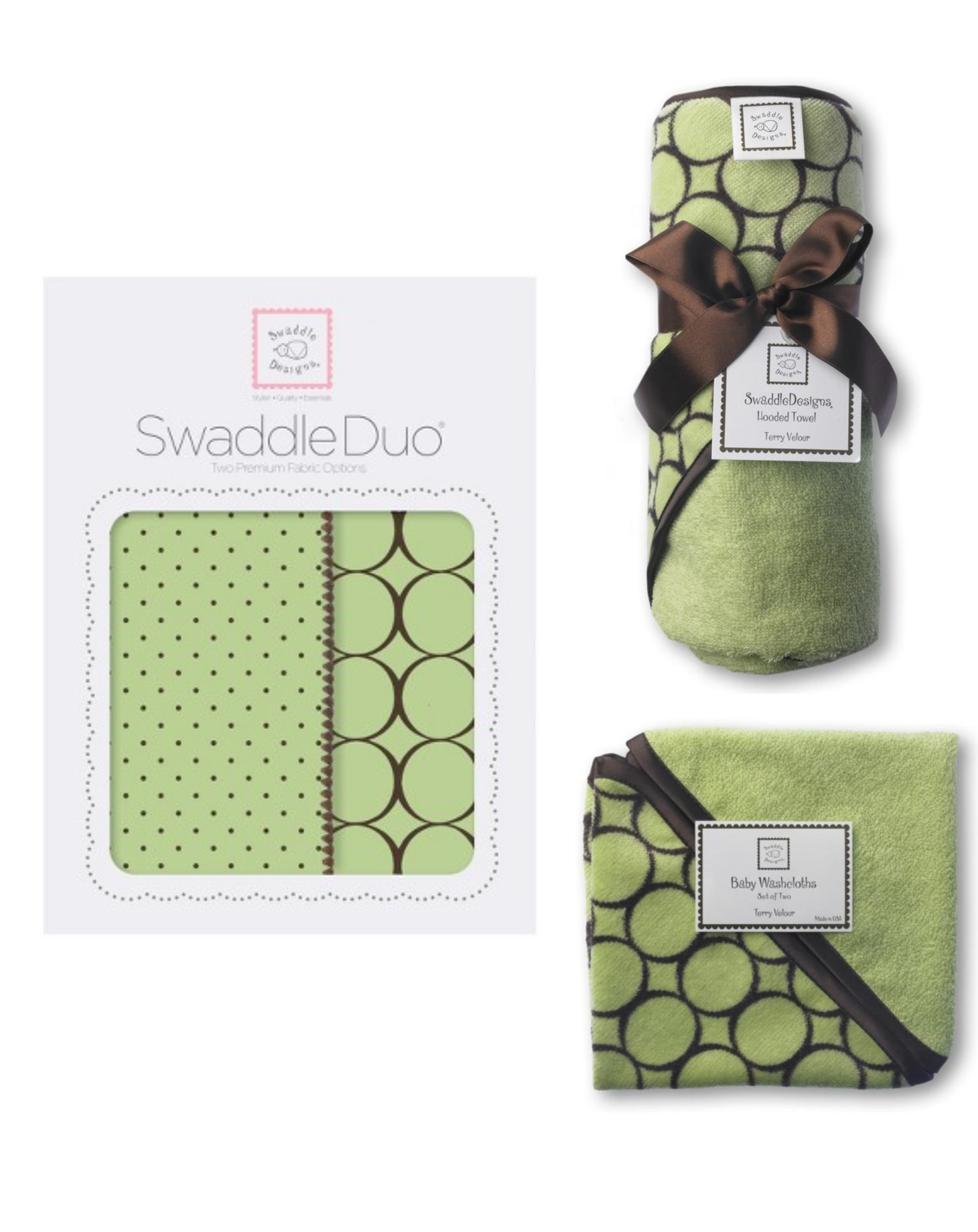 SwaddleDesigns Cotton Terry Velour Baby Washcloths, Set of 2, Kiwi Mini Mod Circles