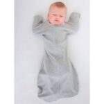 Transitional Swaddle Sack Arms Up 1/2 Length Sleeves & Mitten Cuffs, Solid Heathered Gray with Polka Dot Trim - Swaddle Design - Image 4