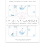 Muslin Swaddle Blankets, Little Ships (Set of 3), Pastel Blue, Nautical - Swaddle Design